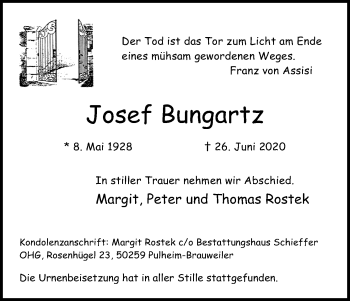 Anzeige von Josef Bungartz von Kölner Stadt-Anzeiger / Kölnische Rundschau / Express