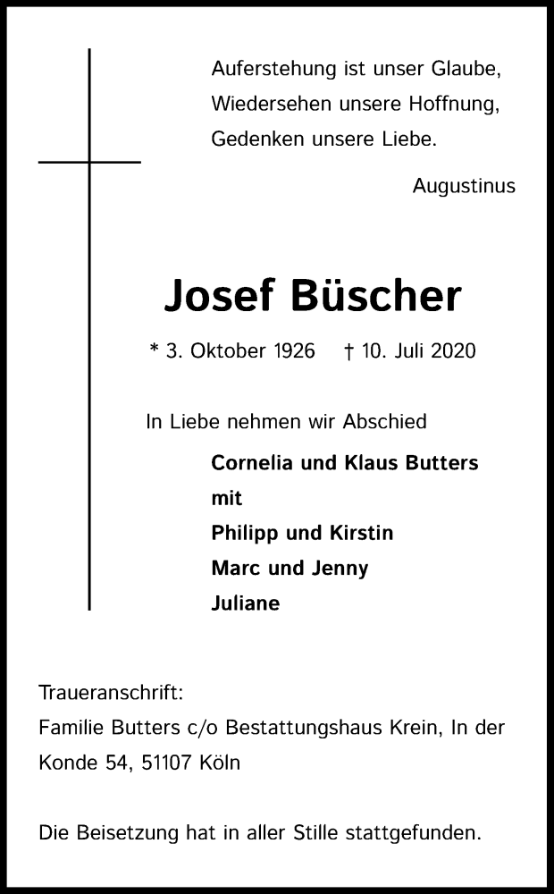  Traueranzeige für Josef Büscher vom 18.07.2020 aus Kölner Stadt-Anzeiger / Kölnische Rundschau / Express