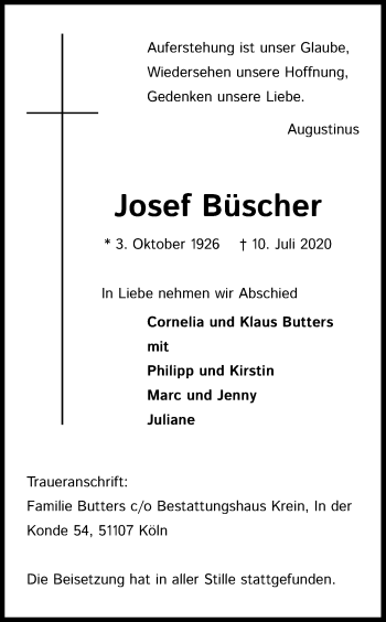 Anzeige von Josef Büscher von Kölner Stadt-Anzeiger / Kölnische Rundschau / Express