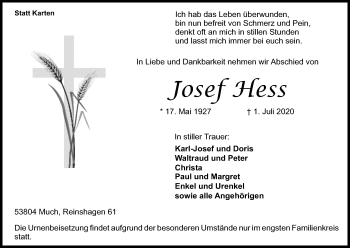 Anzeige von Josef Hess von Kölner Stadt-Anzeiger / Kölnische Rundschau / Express