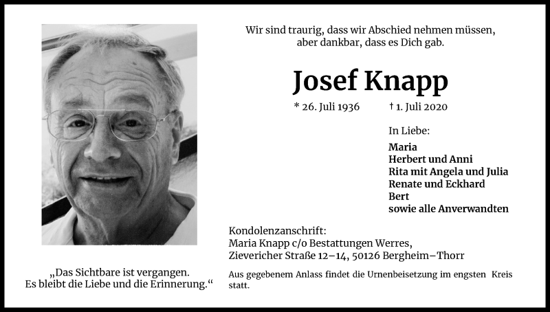  Traueranzeige für Josef Knapp vom 04.07.2020 aus Kölner Stadt-Anzeiger / Kölnische Rundschau / Express