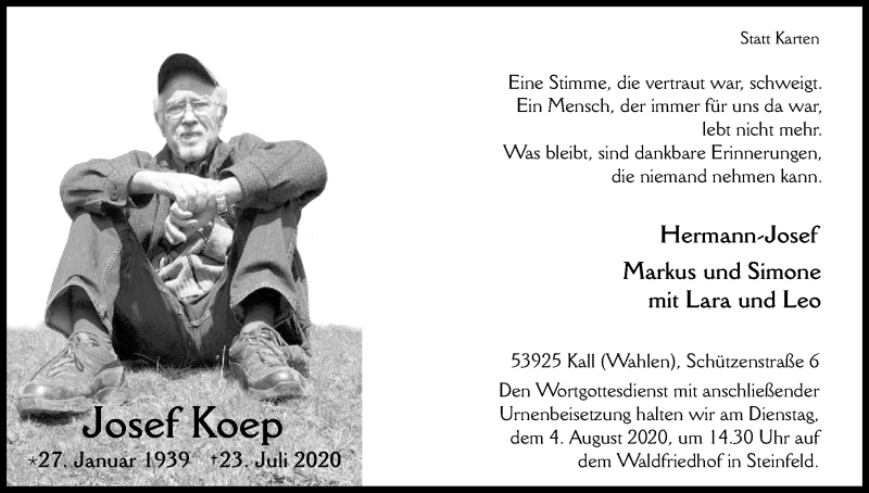  Traueranzeige für Josef Koep vom 31.07.2020 aus Kölner Stadt-Anzeiger / Kölnische Rundschau / Express