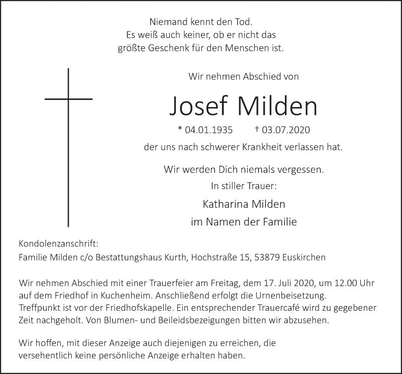  Traueranzeige für Josef Milden vom 11.07.2020 aus  Blickpunkt Euskirchen 