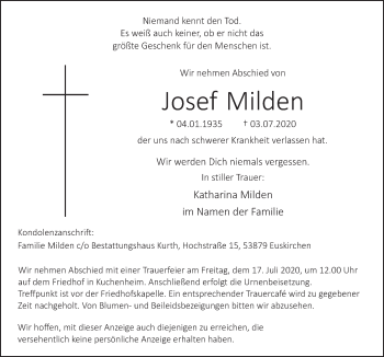 Anzeige von Josef Milden von  Blickpunkt Euskirchen 