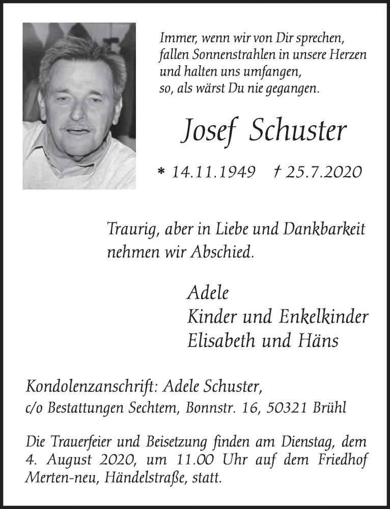  Traueranzeige für Josef Schuster vom 31.07.2020 aus  Schlossbote/Werbekurier 