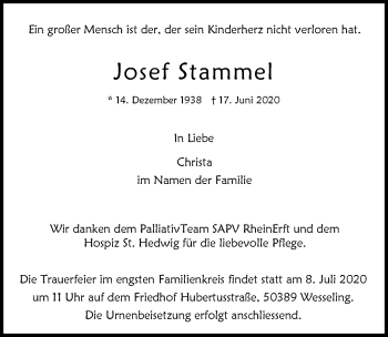 Anzeige von Josef Stammel von  Kölner Wochenspiegel 