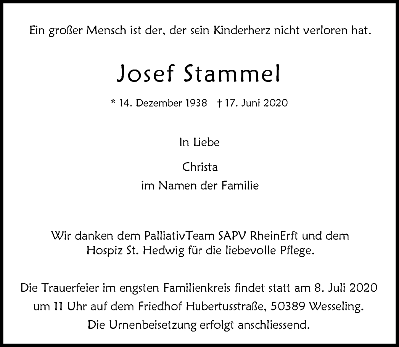  Traueranzeige für Josef Stammel vom 03.07.2020 aus  Kölner Wochenspiegel 