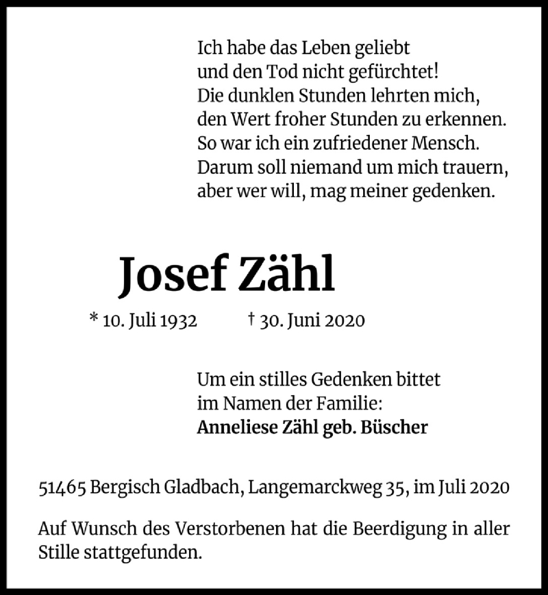  Traueranzeige für Josef Zähl vom 10.07.2020 aus  Bergisches Handelsblatt 