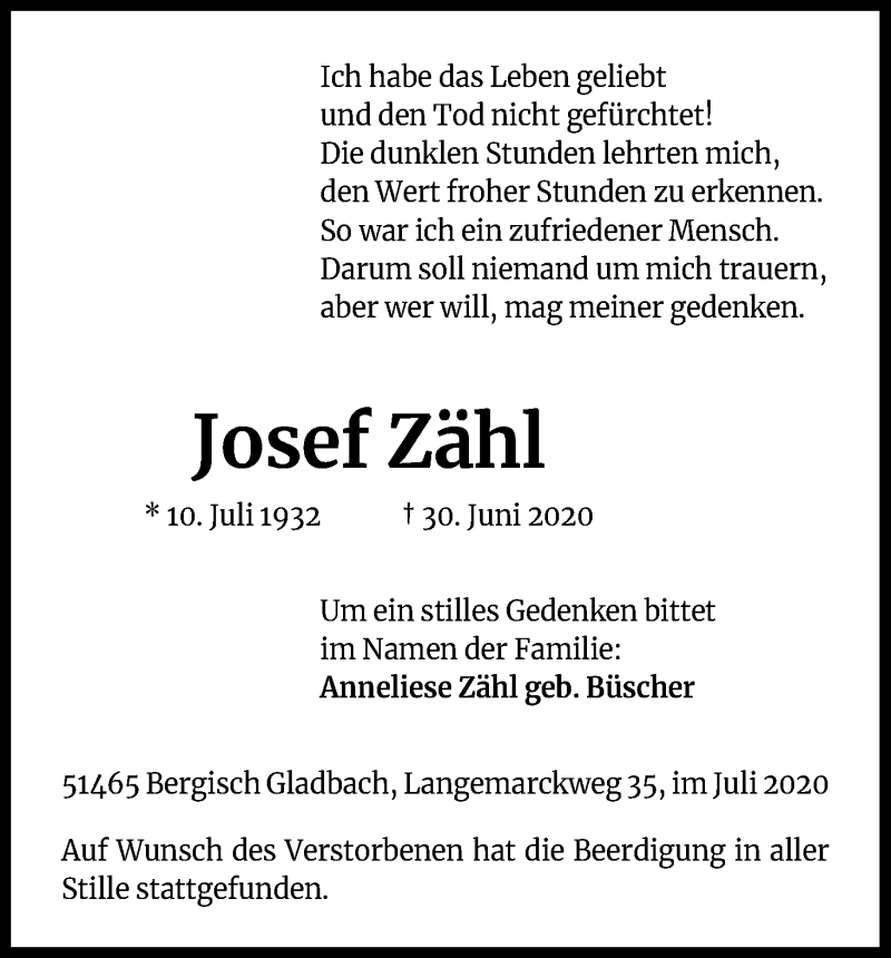  Traueranzeige für Josef Zähl vom 11.07.2020 aus Kölner Stadt-Anzeiger / Kölnische Rundschau / Express