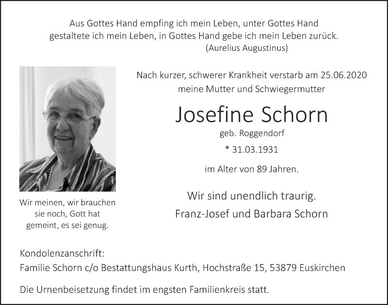  Traueranzeige für Josefine Schorn vom 04.07.2020 aus  Blickpunkt Euskirchen 