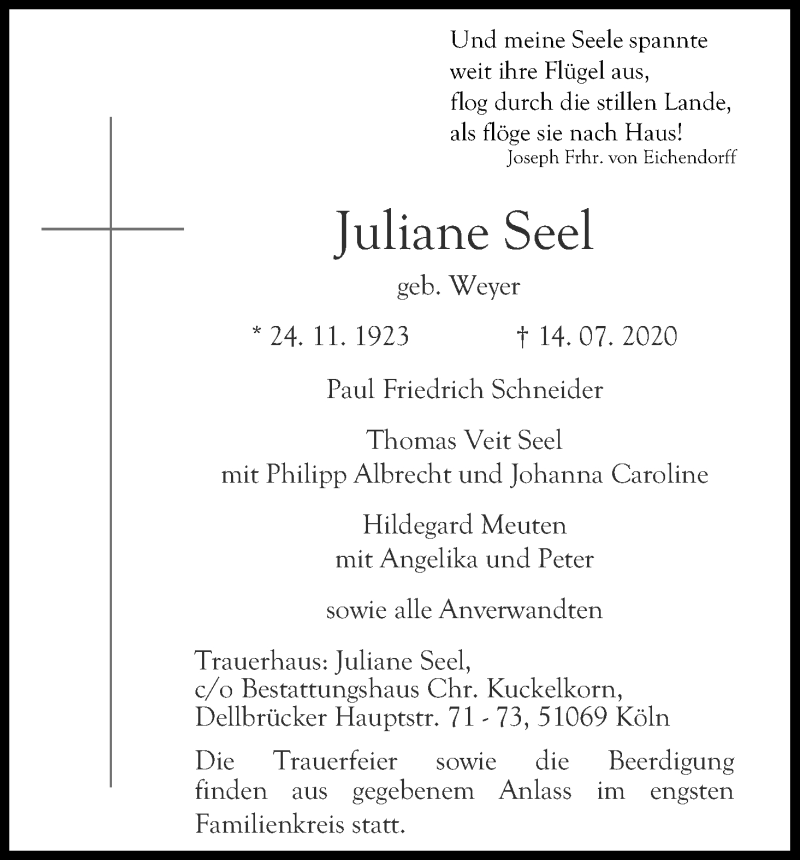  Traueranzeige für Juliane Seel vom 18.07.2020 aus Kölner Stadt-Anzeiger / Kölnische Rundschau / Express
