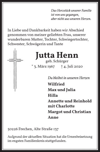 Anzeige von Jutta Henn von  Wochenende 