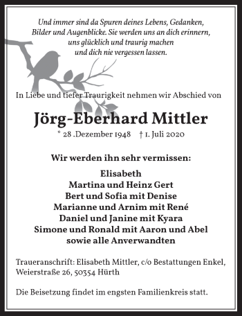 Anzeige von Jörg-Eberhard Mittler von  Wochenende 
