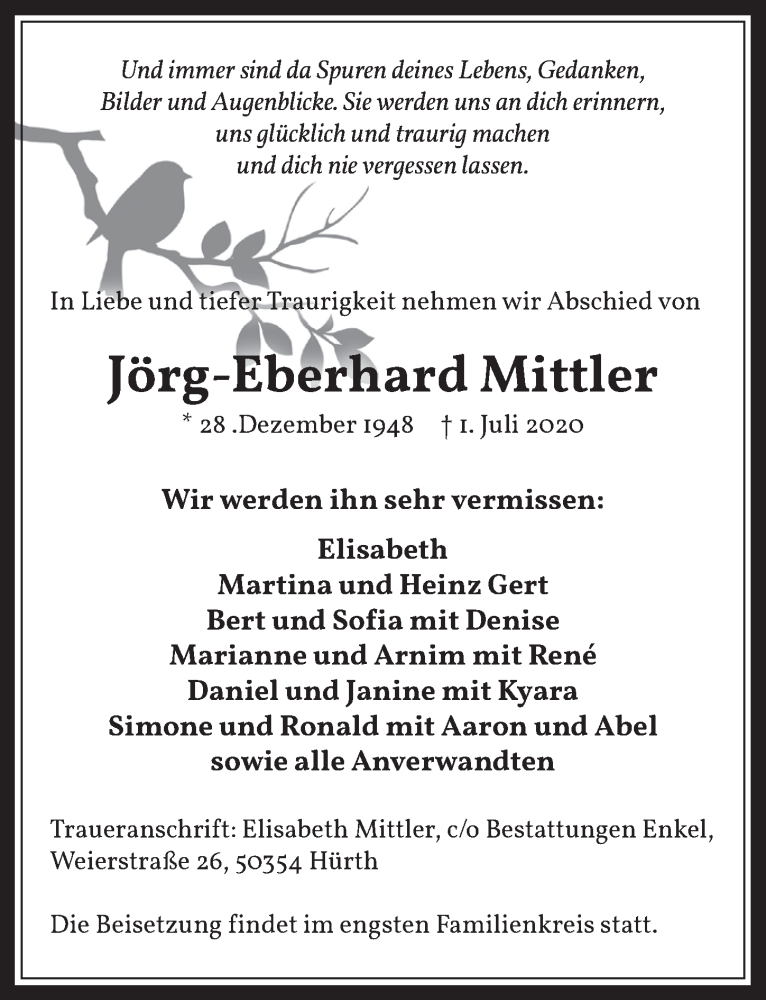  Traueranzeige für Jörg-Eberhard Mittler vom 17.07.2020 aus  Wochenende 