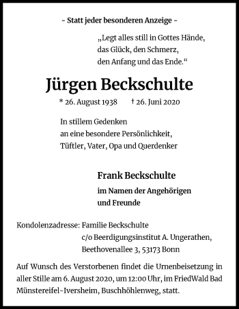 Anzeige von Jürgen Beckschulte von Kölner Stadt-Anzeiger / Kölnische Rundschau / Express