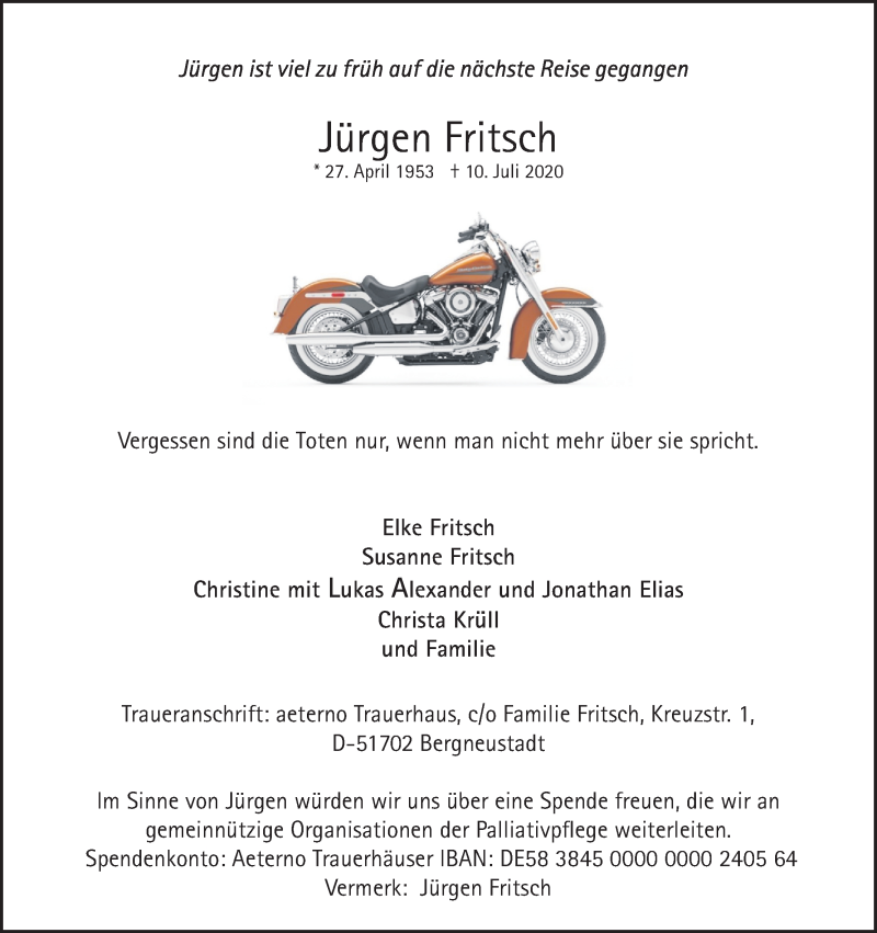 Traueranzeige für Jürgen Fritsch vom 18.07.2020 aus Kölner Stadt-Anzeiger / Kölnische Rundschau / Express