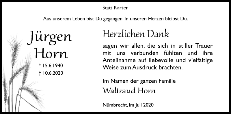  Traueranzeige für Jürgen Horn vom 11.07.2020 aus Kölner Stadt-Anzeiger / Kölnische Rundschau / Express