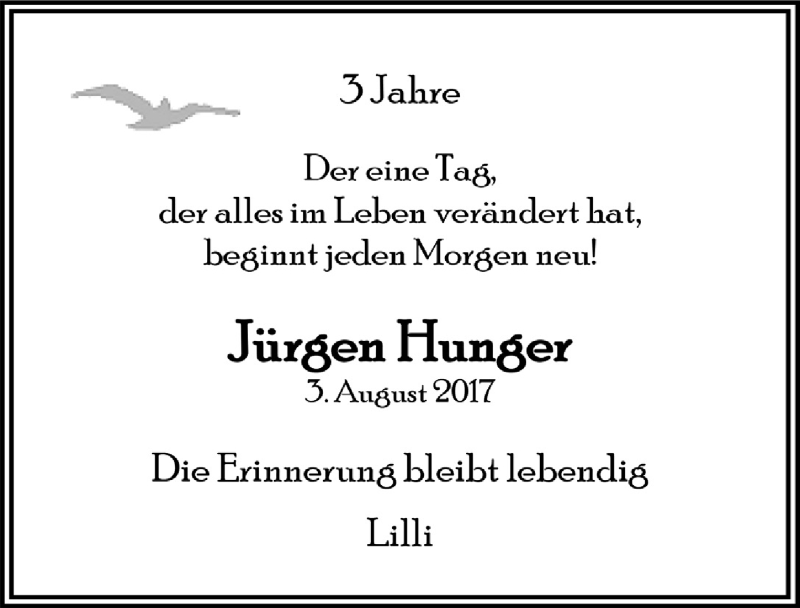  Traueranzeige für Jürgen Hunger vom 31.07.2020 aus  Lokalanzeiger 
