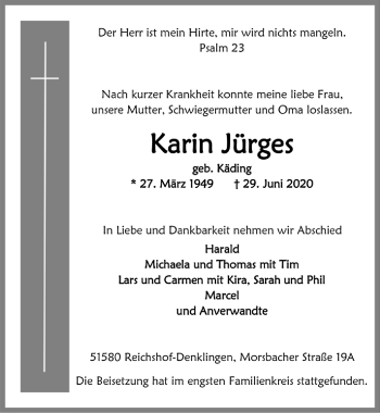 Anzeige von Karin Jürges von  Lokalanzeiger 
