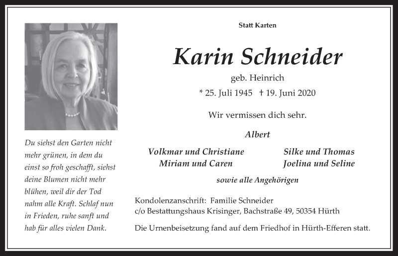  Traueranzeige für Karin Schneider vom 03.07.2020 aus  Wochenende 