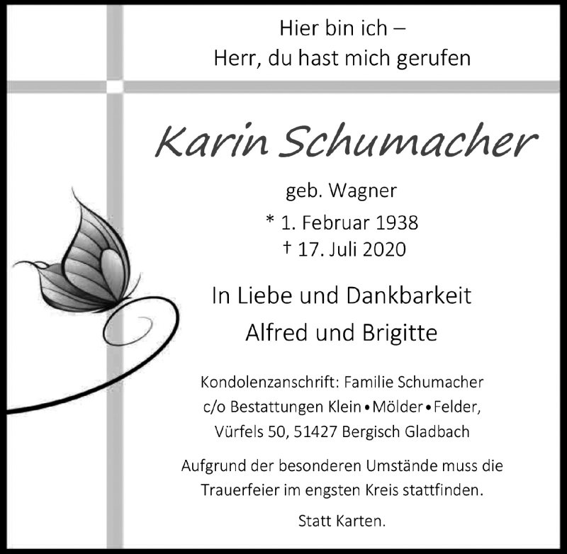  Traueranzeige für Karin Schumacher vom 24.07.2020 aus  Bergisches Handelsblatt 