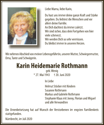 Anzeige von Karin Heidemarie Rothmann von  Anzeigen Echo  Lokalanzeiger 