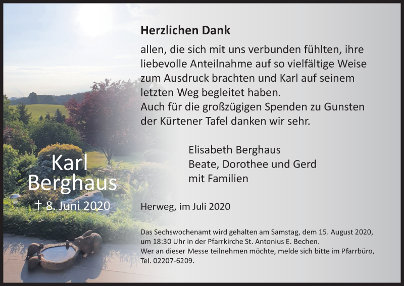  Traueranzeige für Karl Berghaus vom 25.07.2020 aus Kölner Stadt-Anzeiger / Kölnische Rundschau / Express