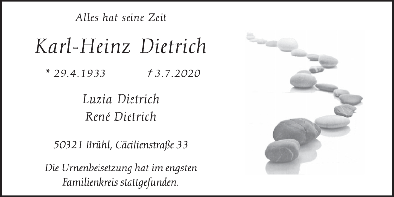  Traueranzeige für Karl-Heinz Dietrich vom 17.07.2020 aus  Schlossbote/Werbekurier 