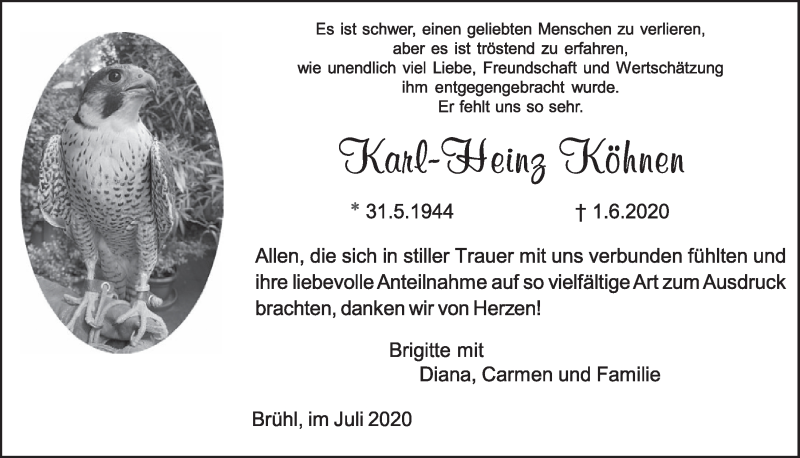  Traueranzeige für Karl-Heinz Köhnen vom 17.07.2020 aus  Schlossbote/Werbekurier 