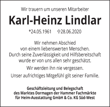 Anzeige von Karl-Heinz Lindlar von  Bergisches Handelsblatt 