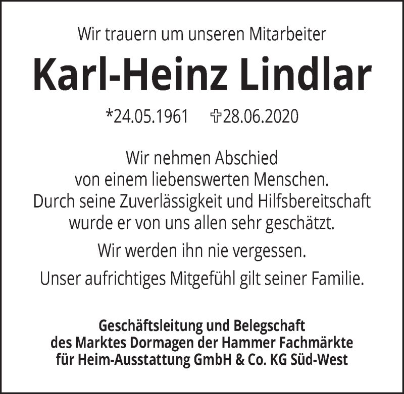  Traueranzeige für Karl-Heinz Lindlar vom 10.07.2020 aus  Bergisches Handelsblatt 