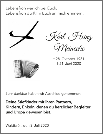 Anzeige von Karl-Heinz Meinecke von  Lokalanzeiger 