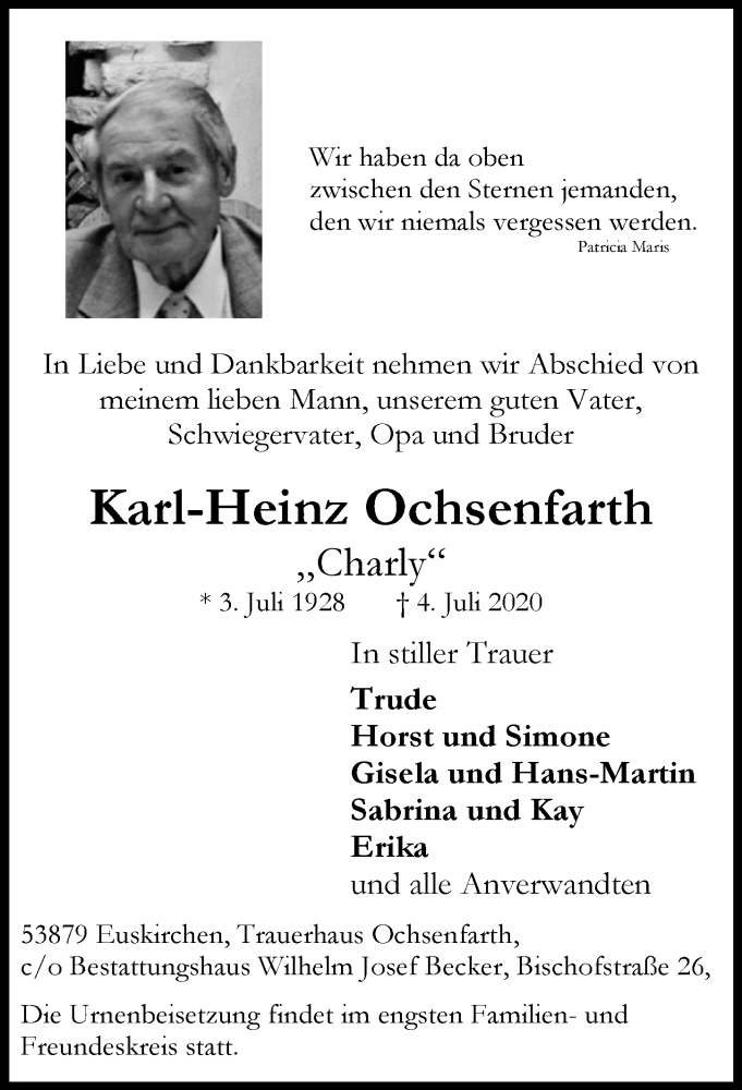  Traueranzeige für Karl-Heinz Ochsenfarth vom 11.07.2020 aus  Blickpunkt Euskirchen 