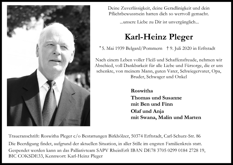  Traueranzeige für Karl-Heinz Pleger vom 25.07.2020 aus Kölner Stadt-Anzeiger / Kölnische Rundschau / Express