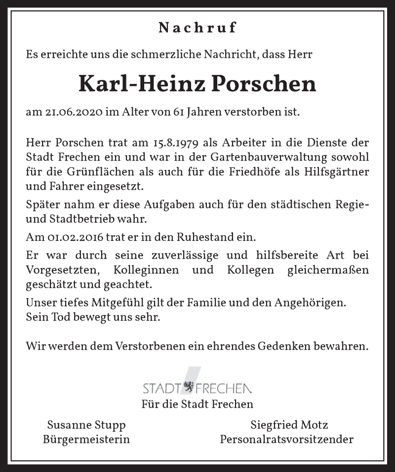  Traueranzeige für Karl-Heinz Porschen vom 31.07.2020 aus  Wochenende 