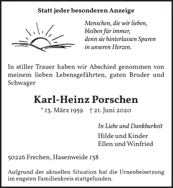 Anzeige von Karl-Heinz Porschen von  Wochenende 