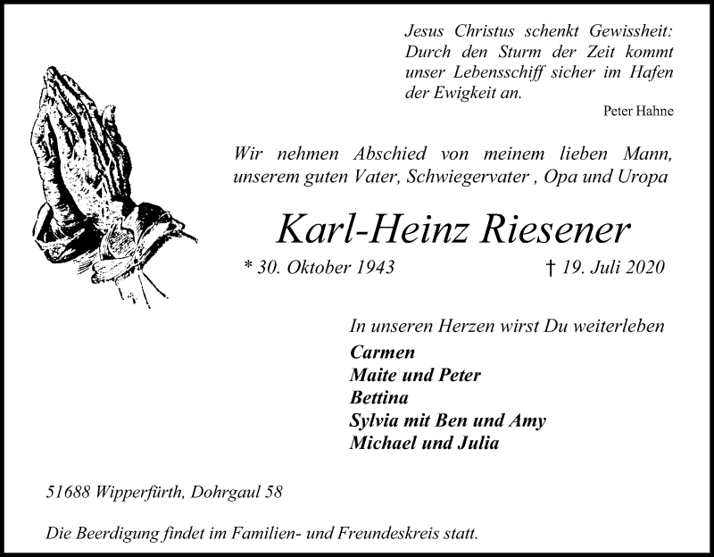  Traueranzeige für Karl-Heinz Riesener vom 23.07.2020 aus Kölner Stadt-Anzeiger / Kölnische Rundschau / Express