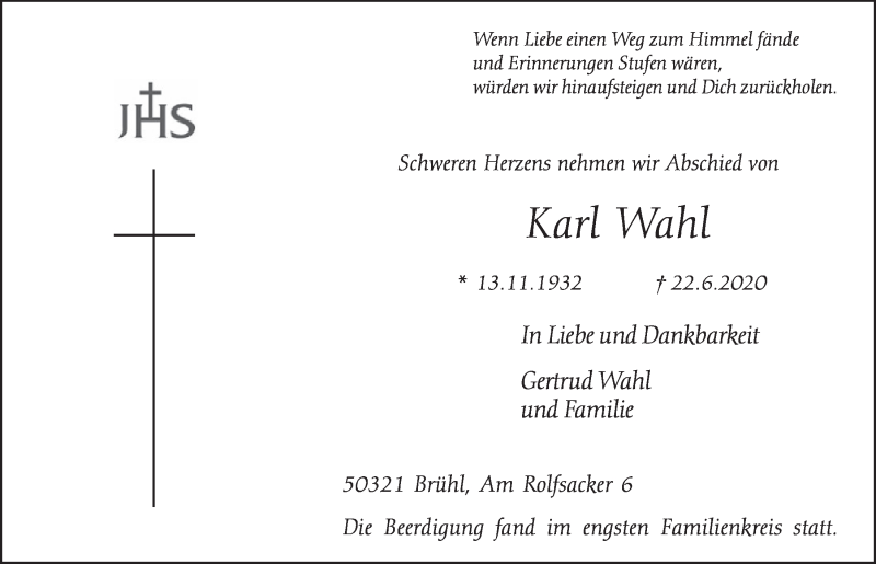  Traueranzeige für Karl Wahl vom 03.07.2020 aus  Schlossbote/Werbekurier 