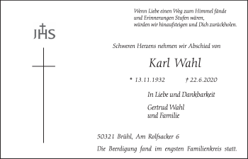 Anzeige von Karl Wahl von  Schlossbote/Werbekurier 