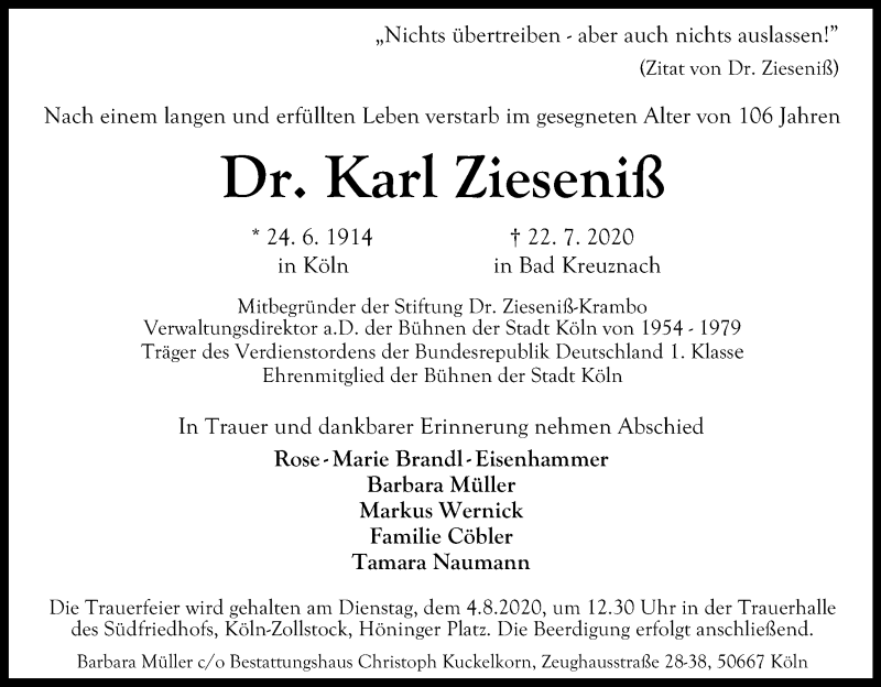  Traueranzeige für Karl Zieseniß vom 29.07.2020 aus Kölner Stadt-Anzeiger / Kölnische Rundschau / Express