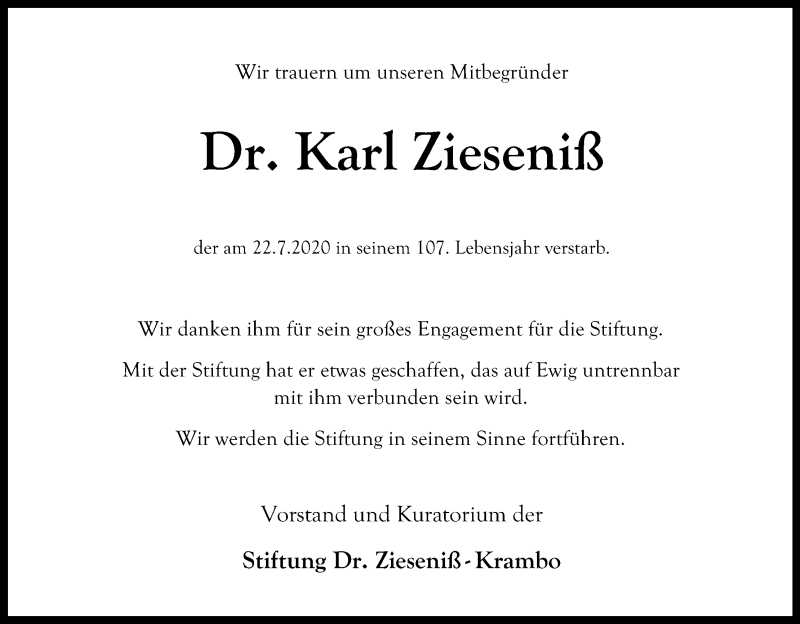  Traueranzeige für Karl Zieseniß vom 29.07.2020 aus Kölner Stadt-Anzeiger / Kölnische Rundschau / Express