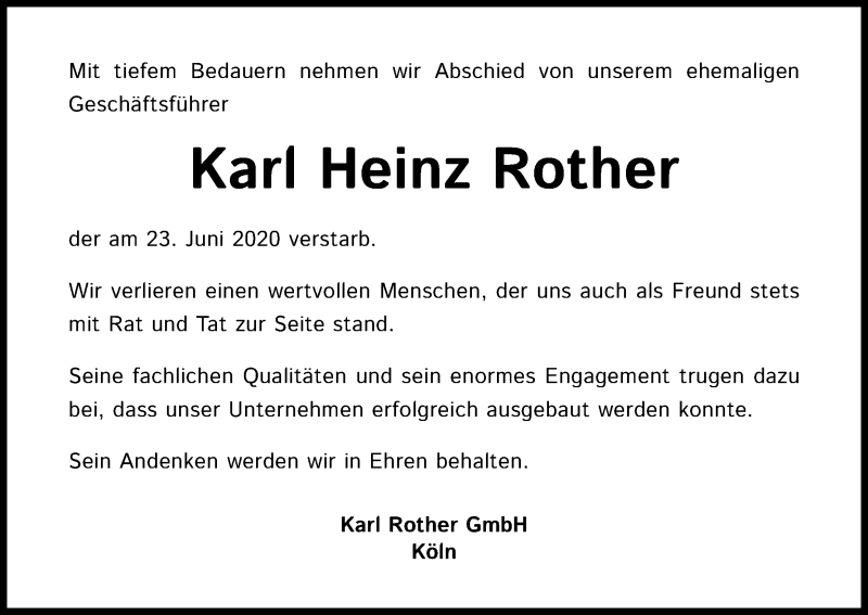  Traueranzeige für Karl Heinz Rother vom 04.07.2020 aus Kölner Stadt-Anzeiger / Kölnische Rundschau / Express