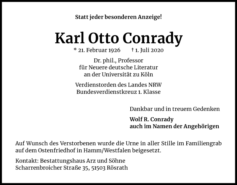  Traueranzeige für Karl Otto Conrady vom 18.07.2020 aus Kölner Stadt-Anzeiger / Kölnische Rundschau / Express