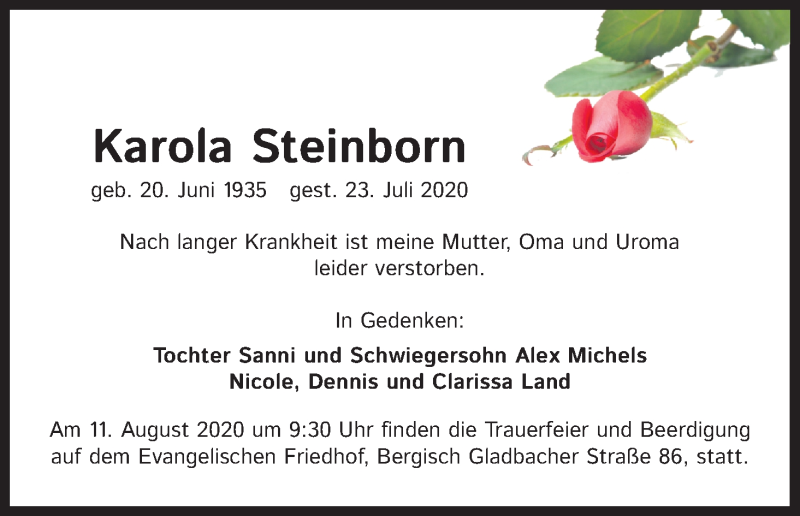  Traueranzeige für Karola Steinborn vom 29.07.2020 aus Kölner Stadt-Anzeiger / Kölnische Rundschau / Express