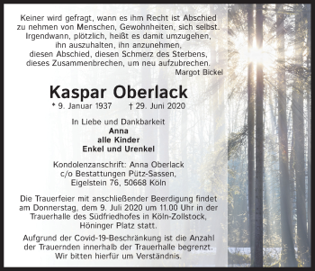 Anzeige von Kaspar Oberlack von Kölner Stadt-Anzeiger / Kölnische Rundschau / Express