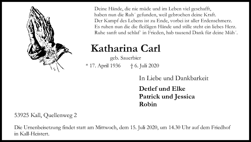  Traueranzeige für Katharina Carl vom 11.07.2020 aus Kölner Stadt-Anzeiger / Kölnische Rundschau / Express
