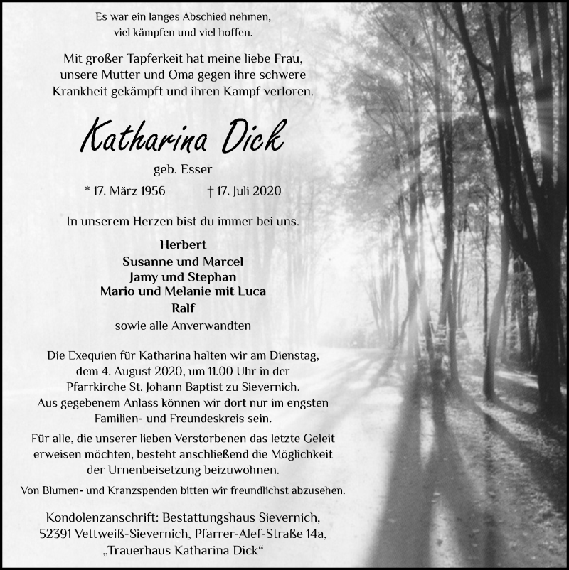  Traueranzeige für Katharina Dick vom 25.07.2020 aus  Blickpunkt Euskirchen 