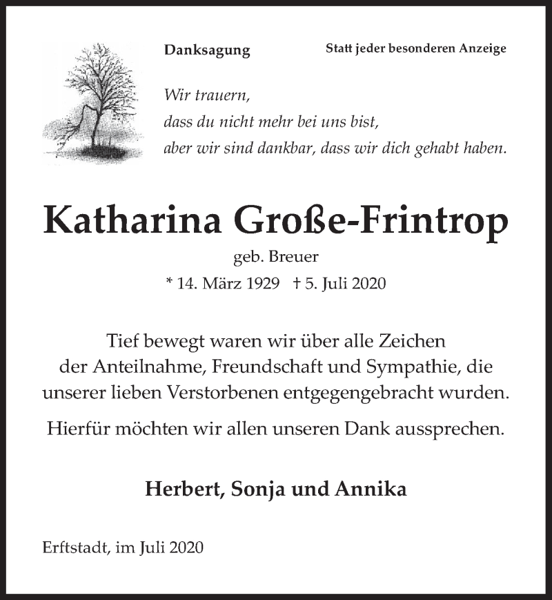  Traueranzeige für Katharina Große-Frintrop vom 24.07.2020 aus  Wochenende  Werbepost 