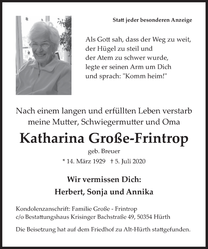  Traueranzeige für Katharina Große-Frintrop vom 10.07.2020 aus  Wochenende  Werbepost 