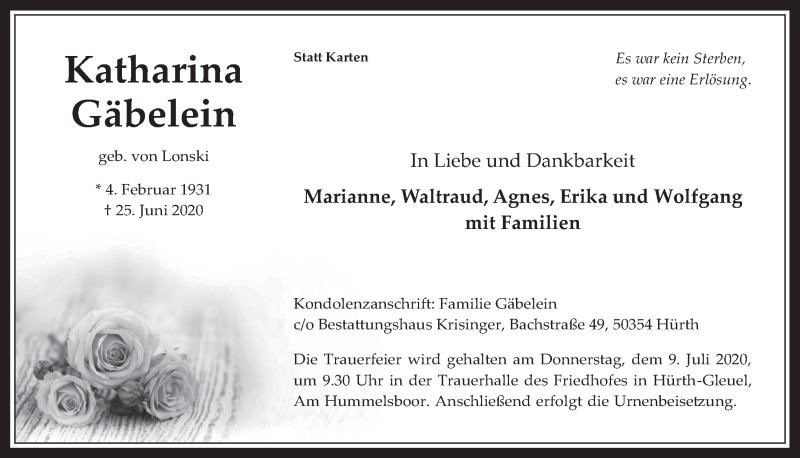  Traueranzeige für Katharina Gäbelein vom 03.07.2020 aus  Wochenende 